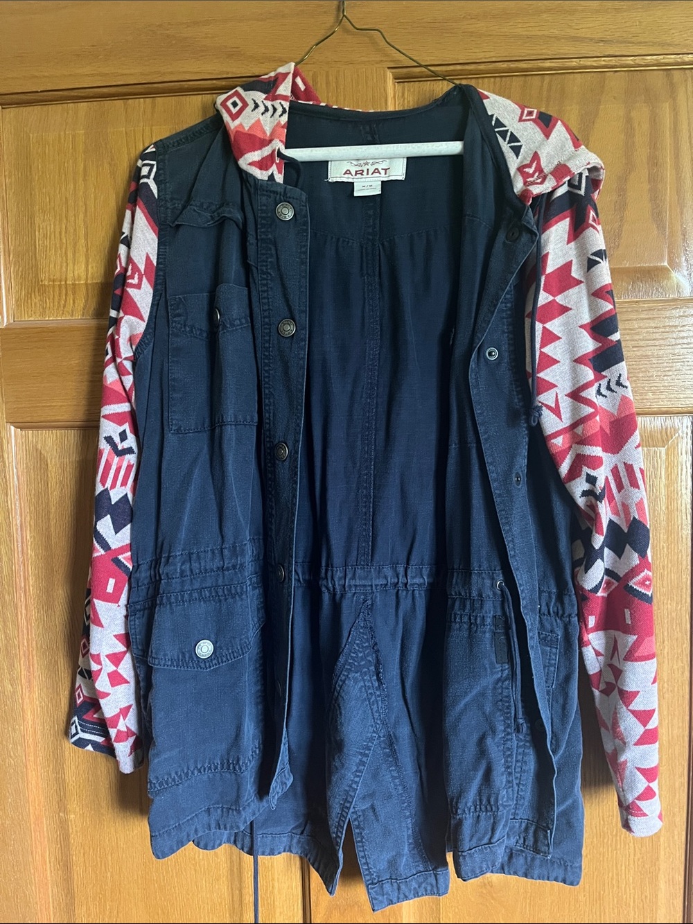Ariat Navy Utility Jacket with Red and White Aztec Hooded Sleeves